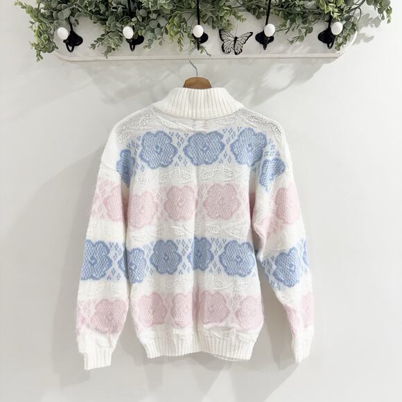 Vintage 80s/90s Pastel Floral Acrylic Mock Neck Sweater 1-650 cottagecore - Picture 4 of 4